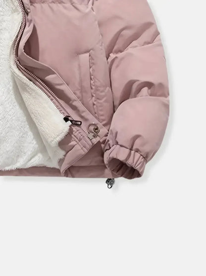 Women's puffer jacket with sherpa-lined hood
