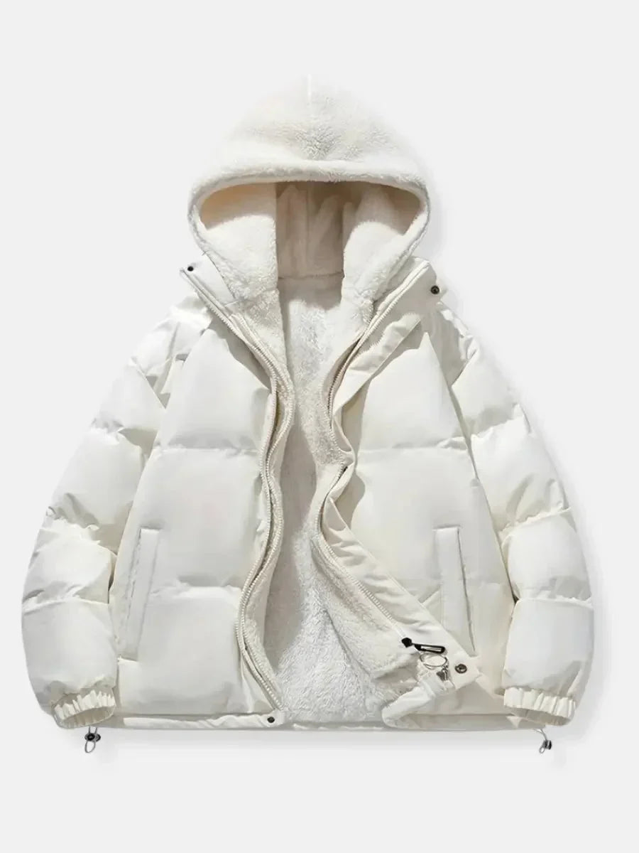 Women's white puffer jacket with sherpa-lined hood