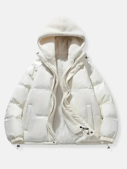 Women's white puffer jacket with sherpa-lined hood