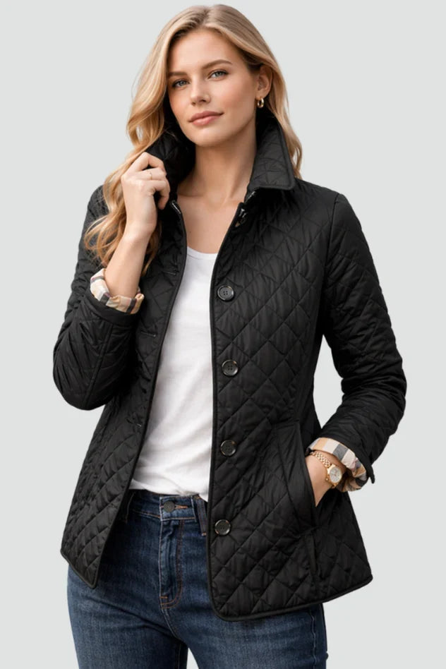 Women's black diamond quilted jacket with button front