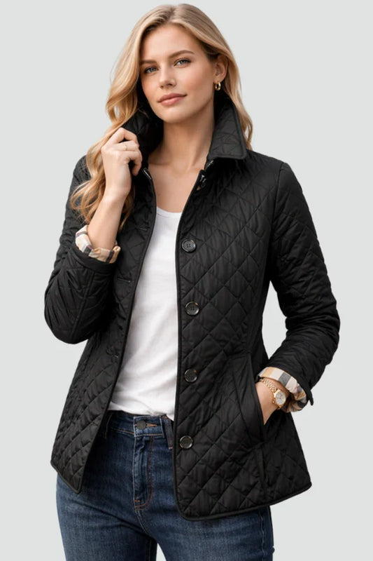 Women's black diamond quilted jacket with button front