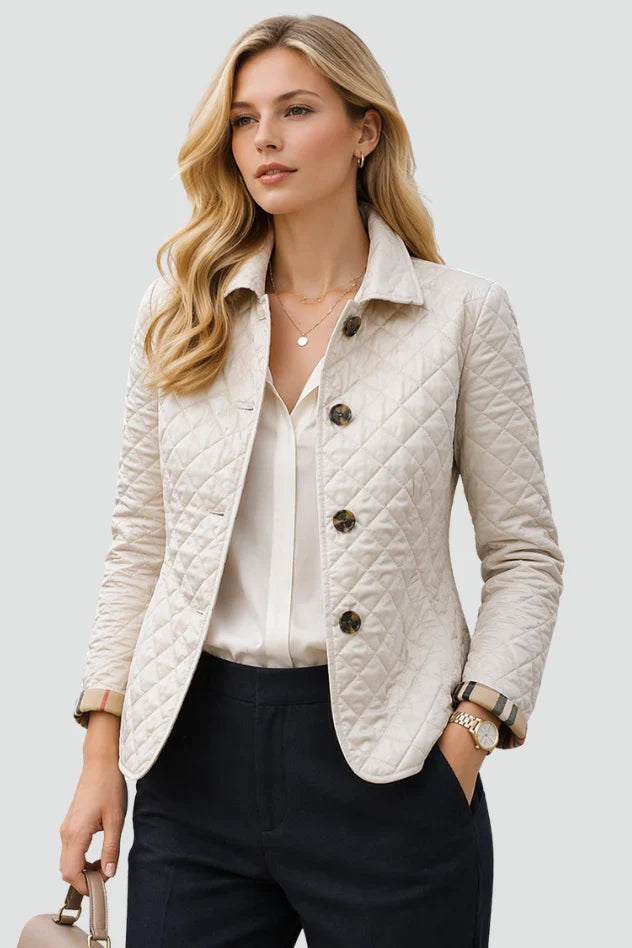 Women's white diamond quilted jacket with button front