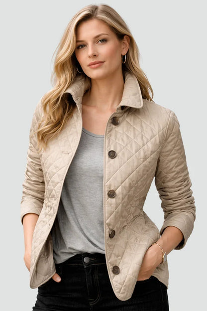 Women's brown diamond quilted jacket with button front