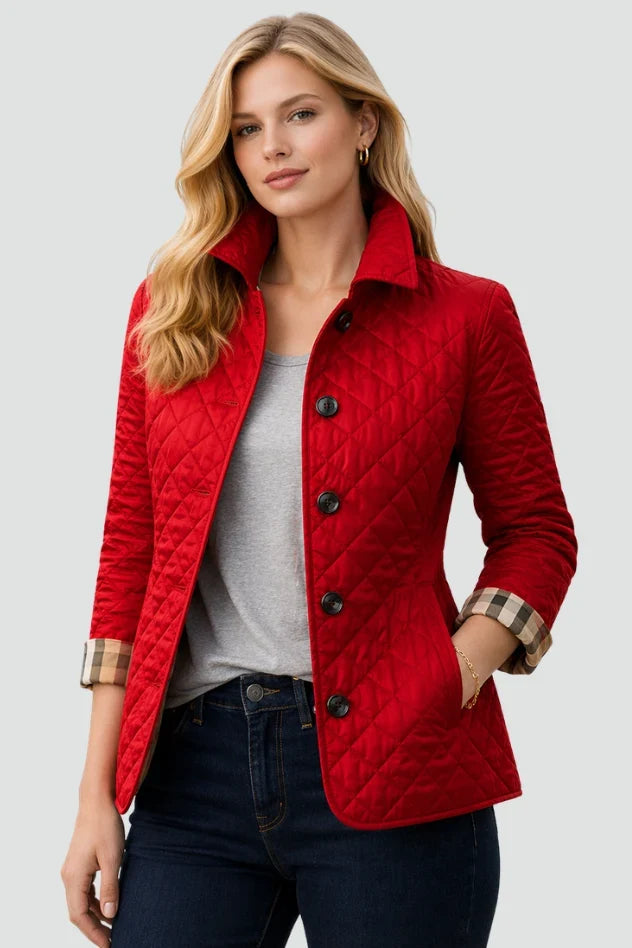 Women's red diamond quilted jacket with button front