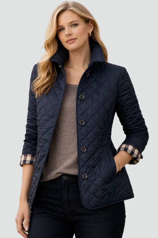 Women's blue diamond quilted jacket with button front