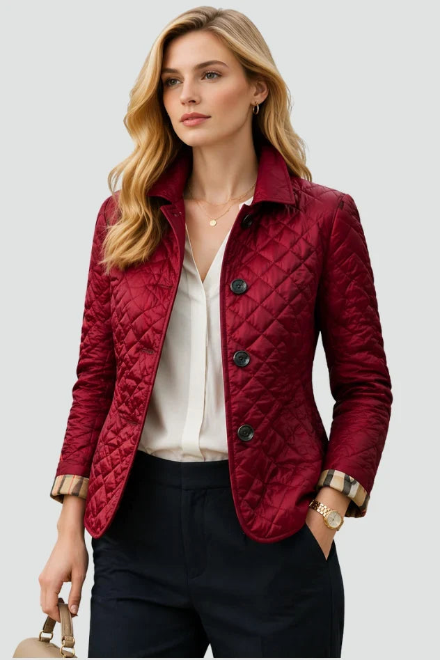 Women's dark red diamond quilted jacket with button front