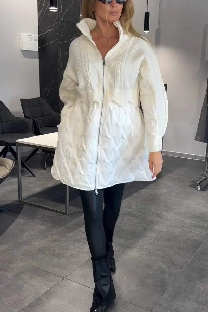 Women's ivory quilted hybrid jacket with knit sleeves