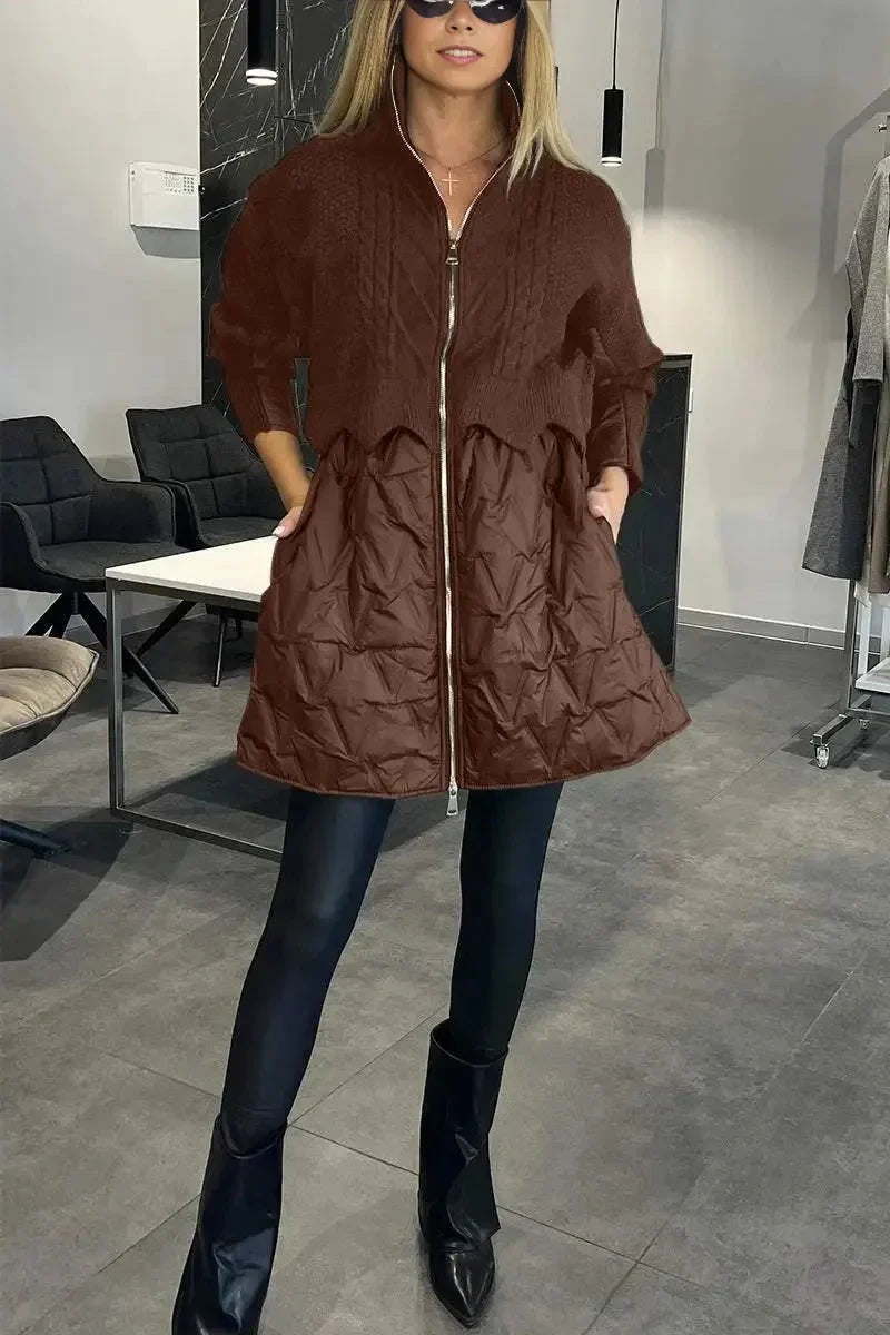 Women's chestnut quilted hybrid jacket with knit sleeves