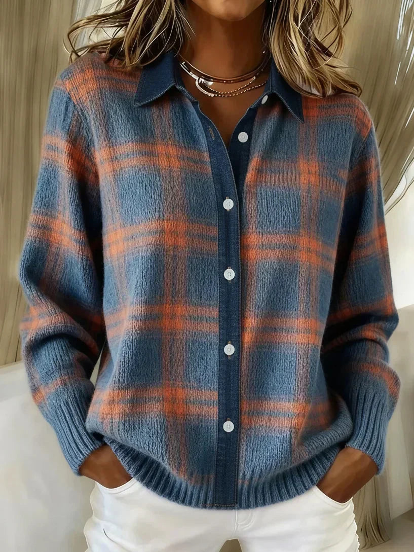 Women's relaxed plaid button-up sweater in blue and orange