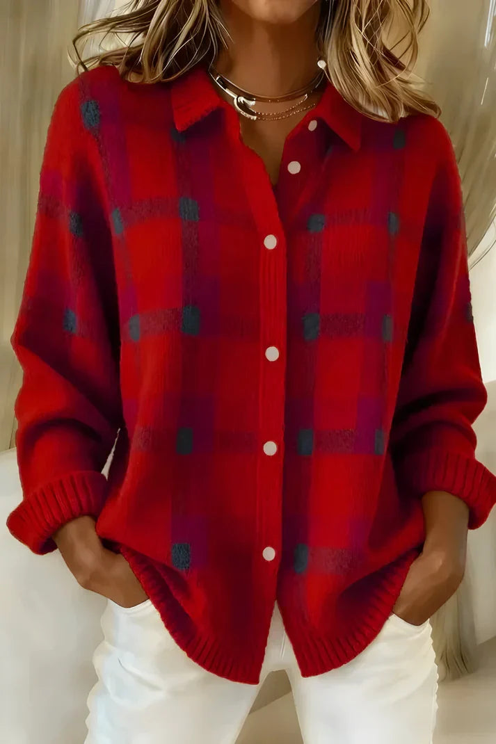 Women's relaxed plaid button-up sweater in red