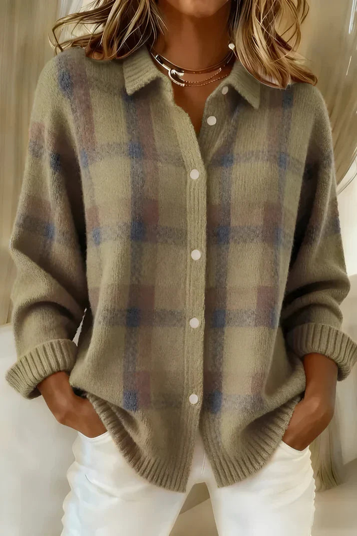 Women's relaxed plaid button-up sweater in sage green