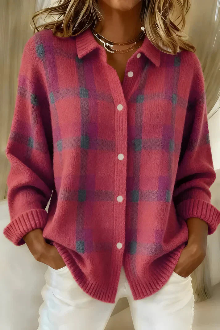 Women's relaxed plaid button-up sweater in pink