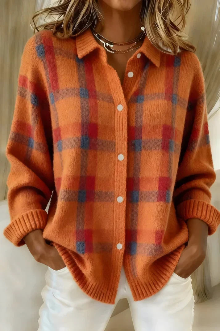 Women's relaxed plaid button-up sweater in orange
