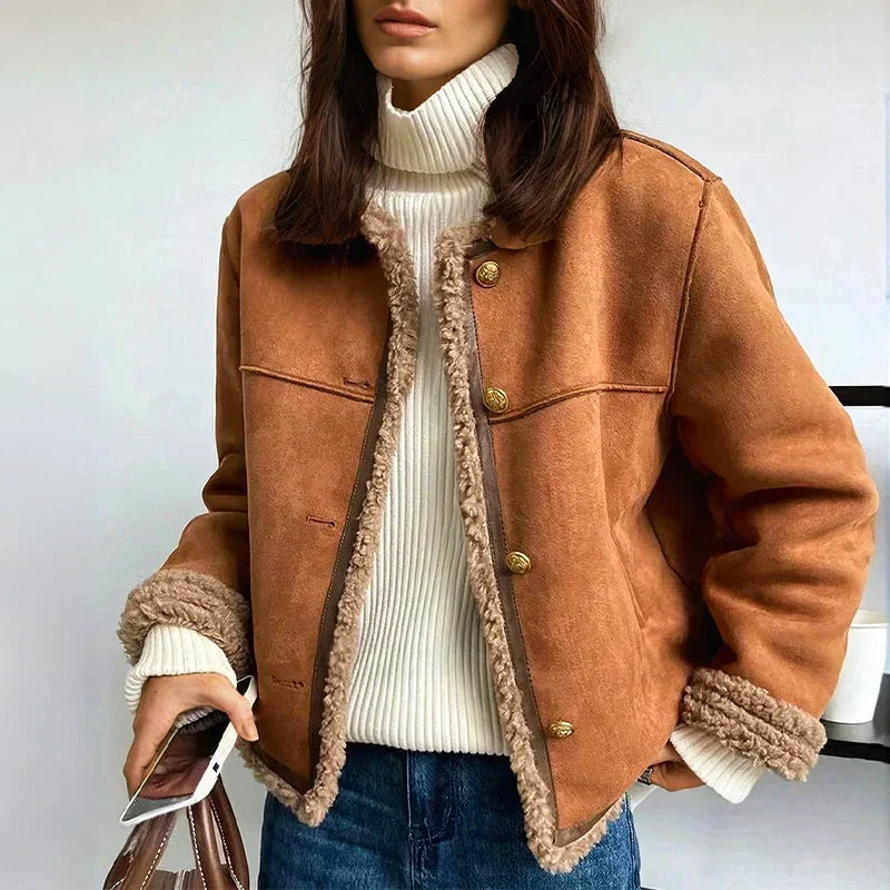 Women's brown suede-look jacket with shearling-style lining