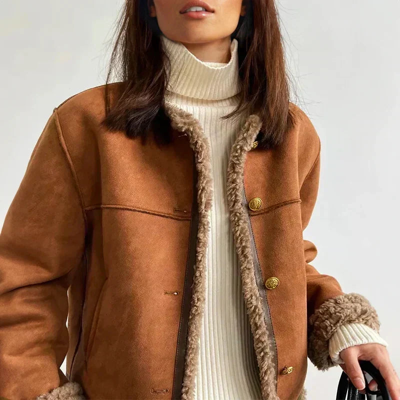 Women's brown suede-look jacket with shearling-style lining