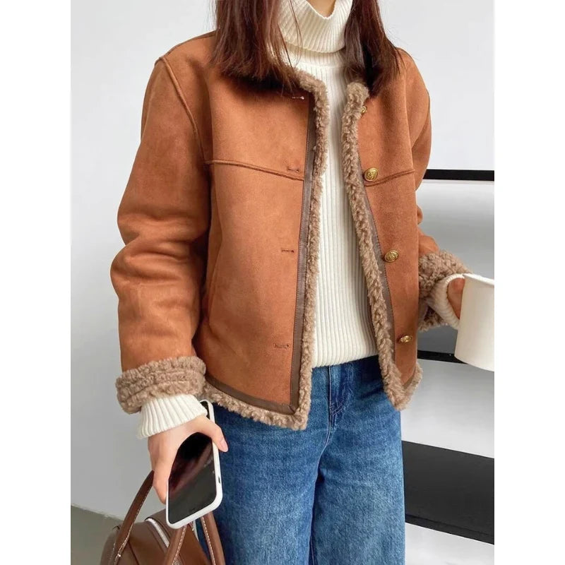 Women's brown suede-look jacket with shearling-style lining