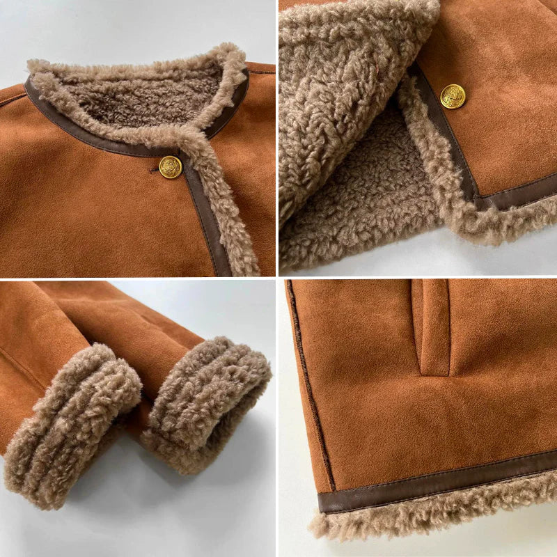 Women's brown suede-look jacket with shearling-style lining
