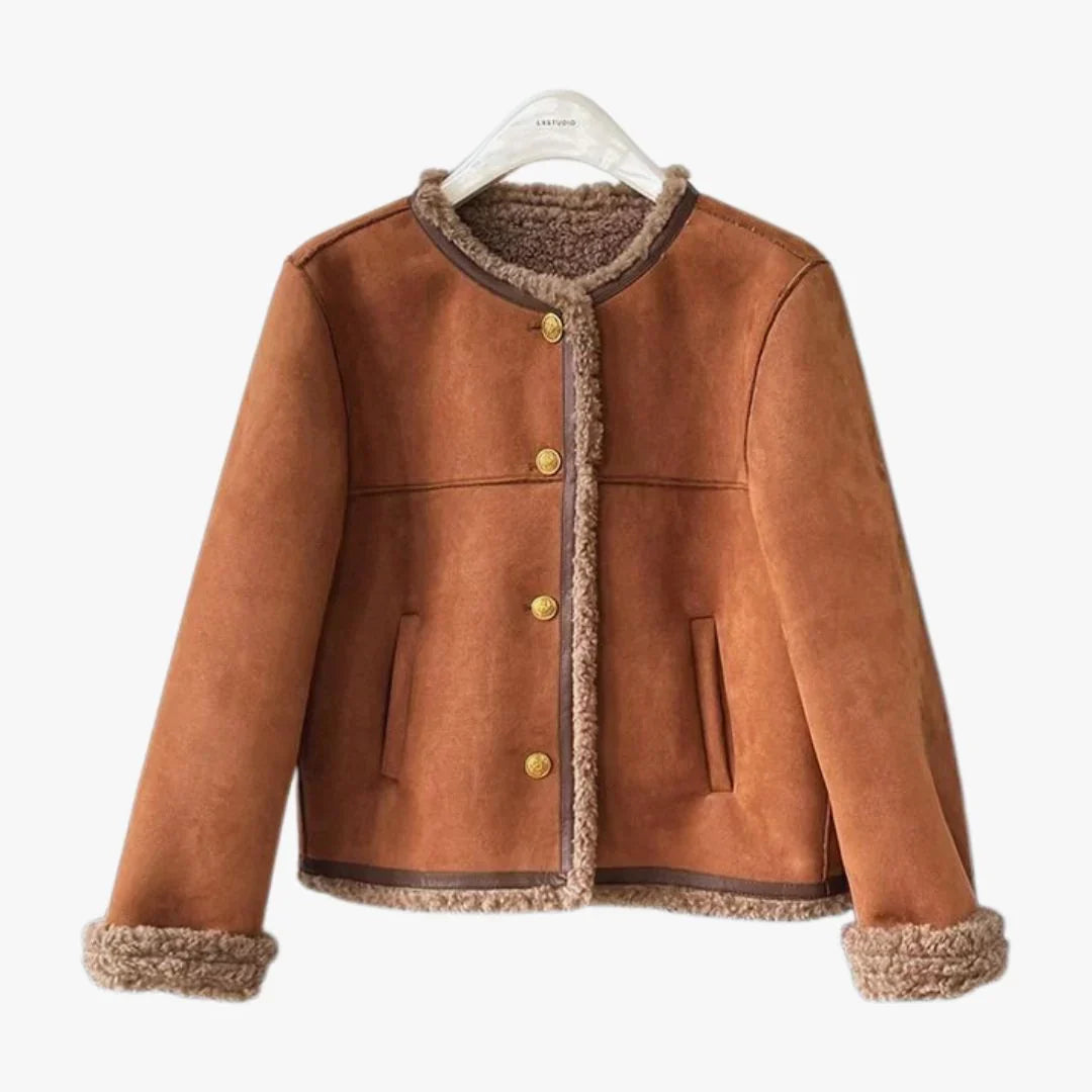 Women's brown suede-look jacket with shearling-style lining