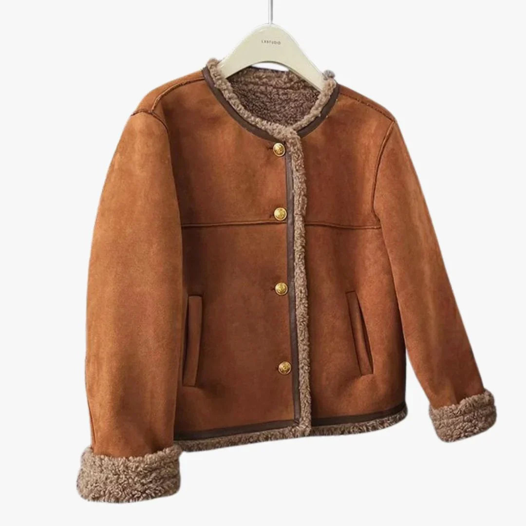 Women's brown suede-look jacket with shearling-style lining