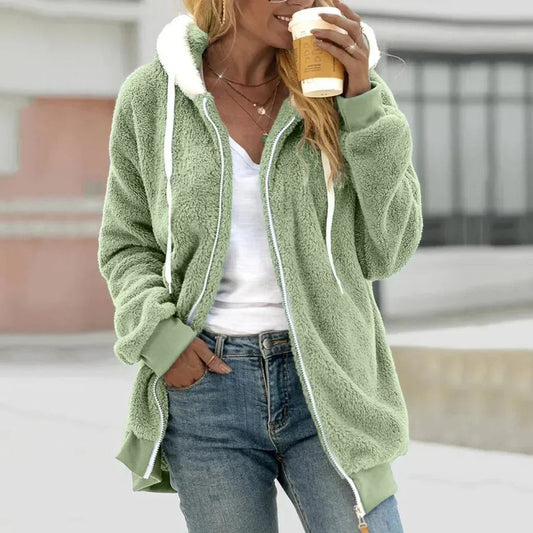 Women's sherpa hooded zip-up jacket in green