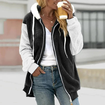 Women's sherpa hooded zip-up jacket in black