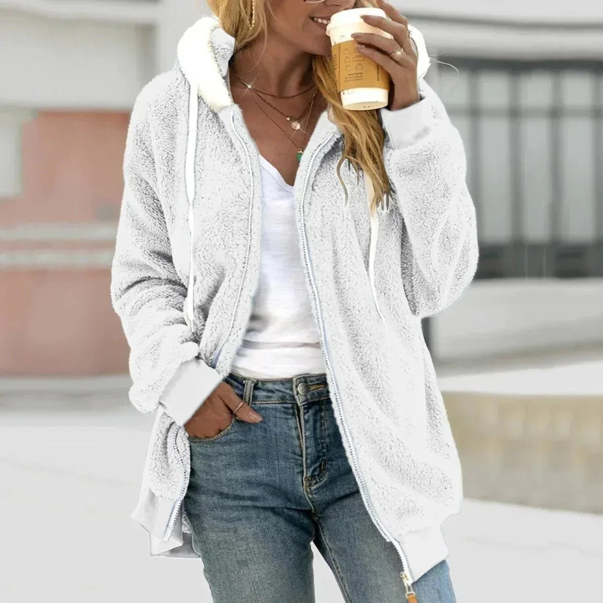 Women's sherpa hooded zip-up jacket in white