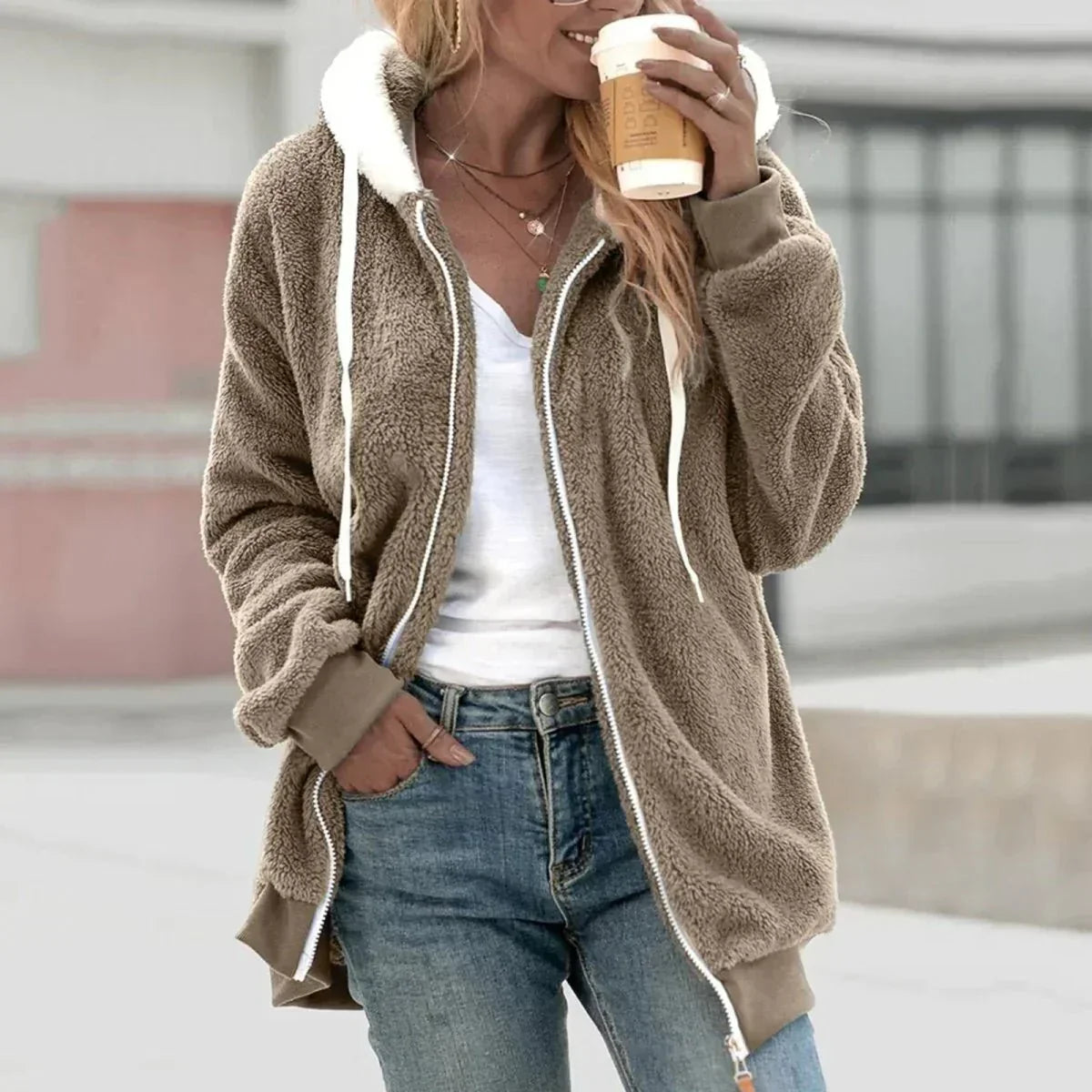 Women's sherpa hooded zip-up jacket in khaki