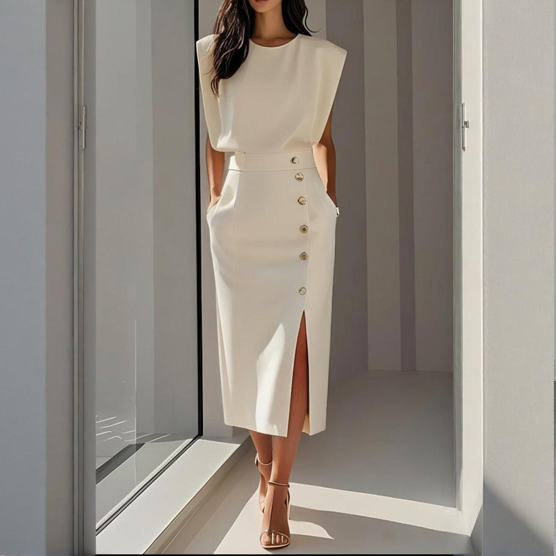 Women’s Structured Midi Dress Side Button Detail Split Hem Tailored Fit Elegant Style 0