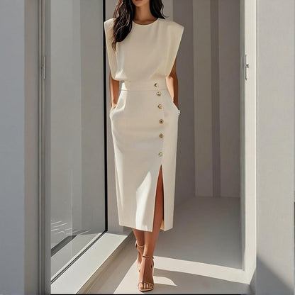 Women’s Structured Midi Dress Side Button Detail Split Hem Tailored Fit Elegant Style 0