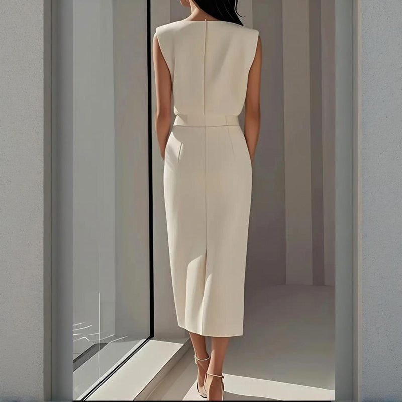 Women’s Structured Midi Dress Side Button Detail Split Hem Tailored Fit Elegant Style 1