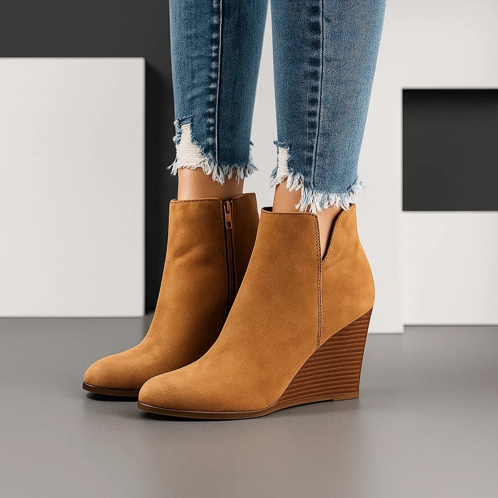 Khaki Suede Wedge Ankle Boots with Side Zipper