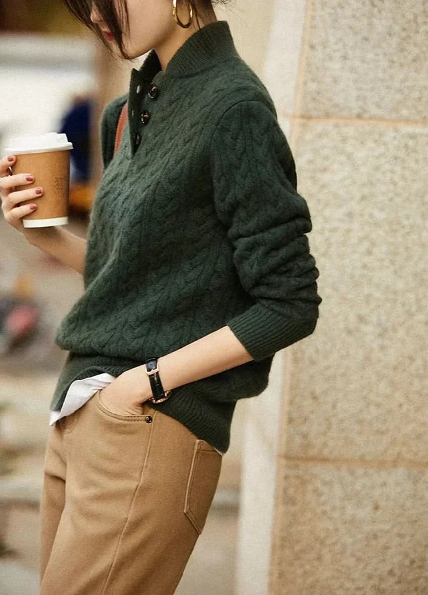 Women's green cable knit half button sweater