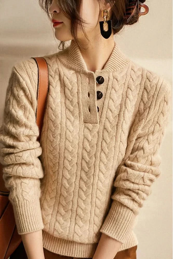 Women's apricot cable knit half button sweater