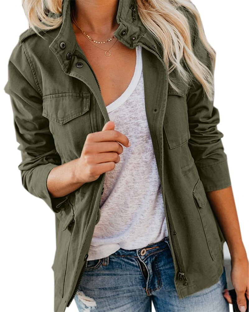Women's army green cotton-blend utility jacket with stand collar