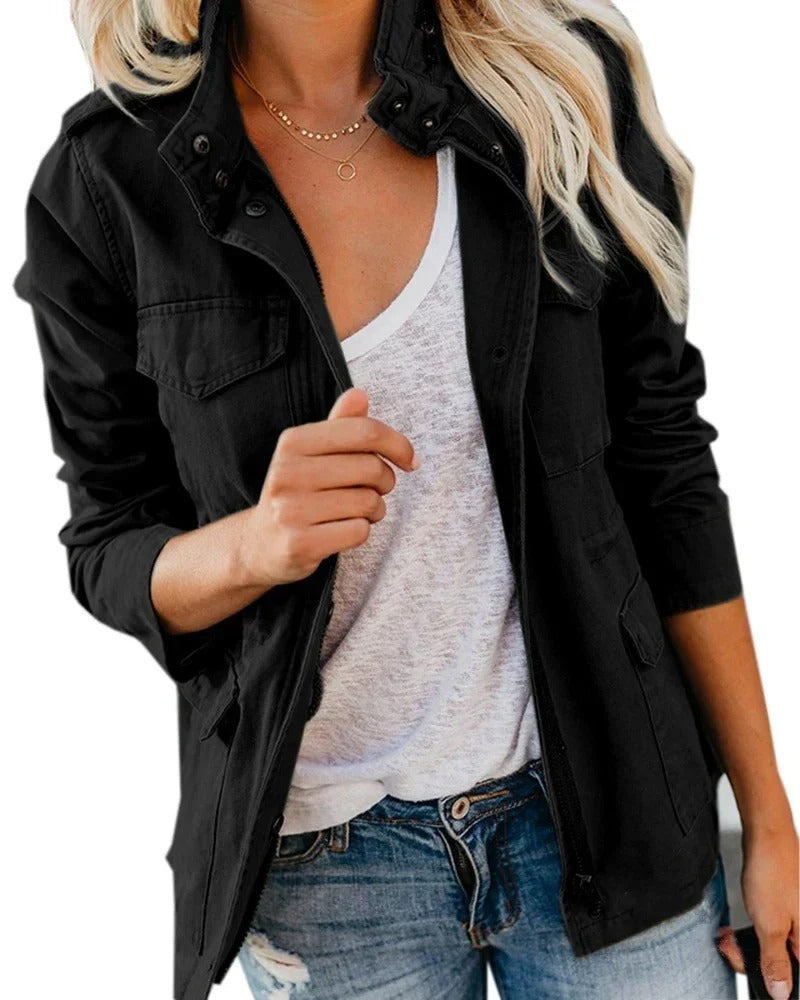 Women's army green cotton-blend utility jacket with stand collar