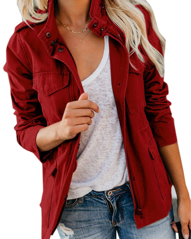 Women's navy blue cotton-blend utility jacket with stand collar