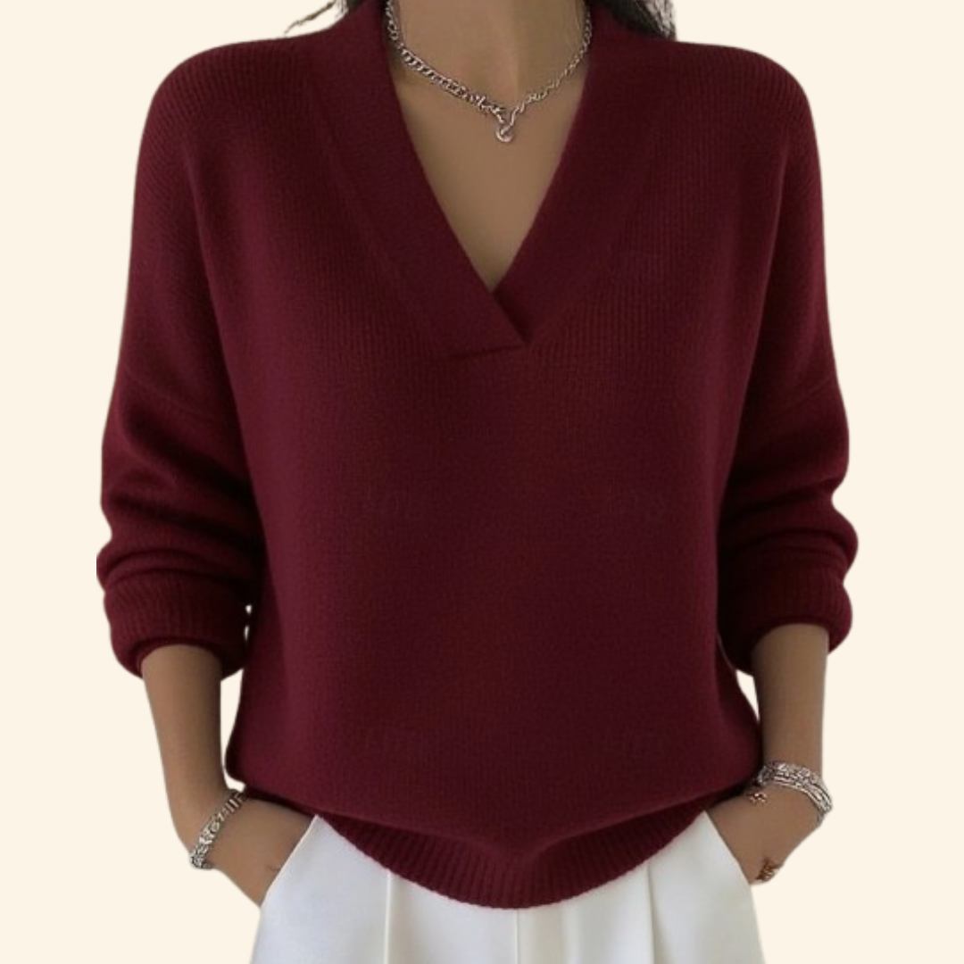 Women's burgundy V-neck casual pullover sweater
