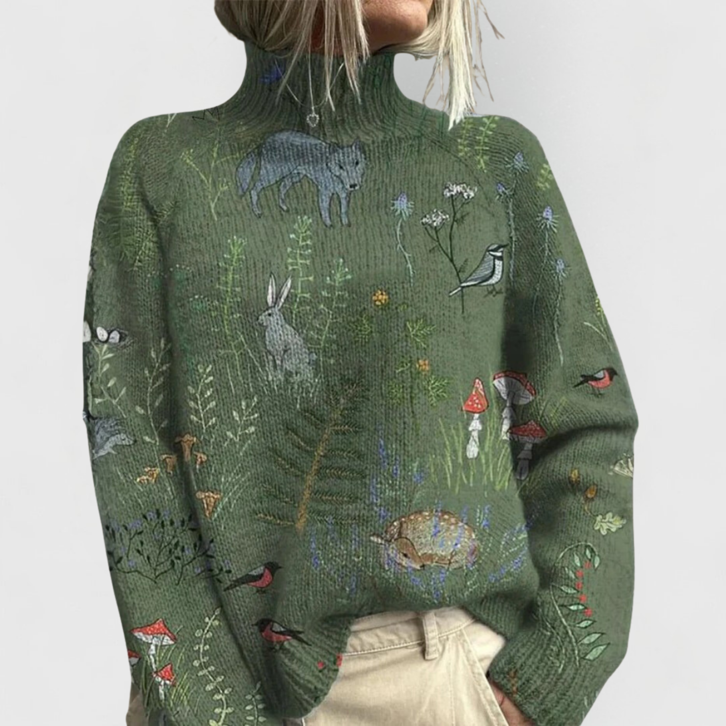 Women's vintage print turtleneck sweater in olive green