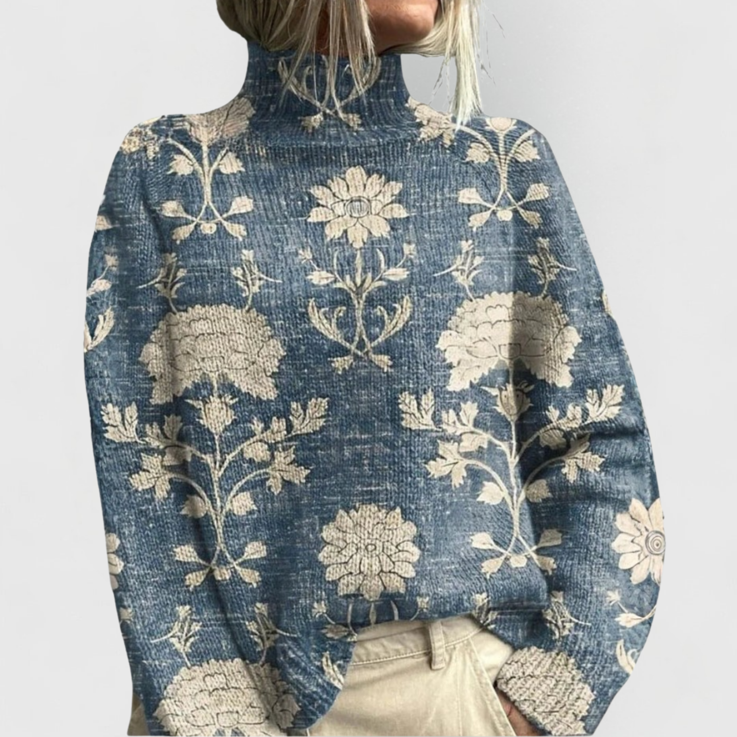 Women's vintage print turtleneck sweater in denim blue