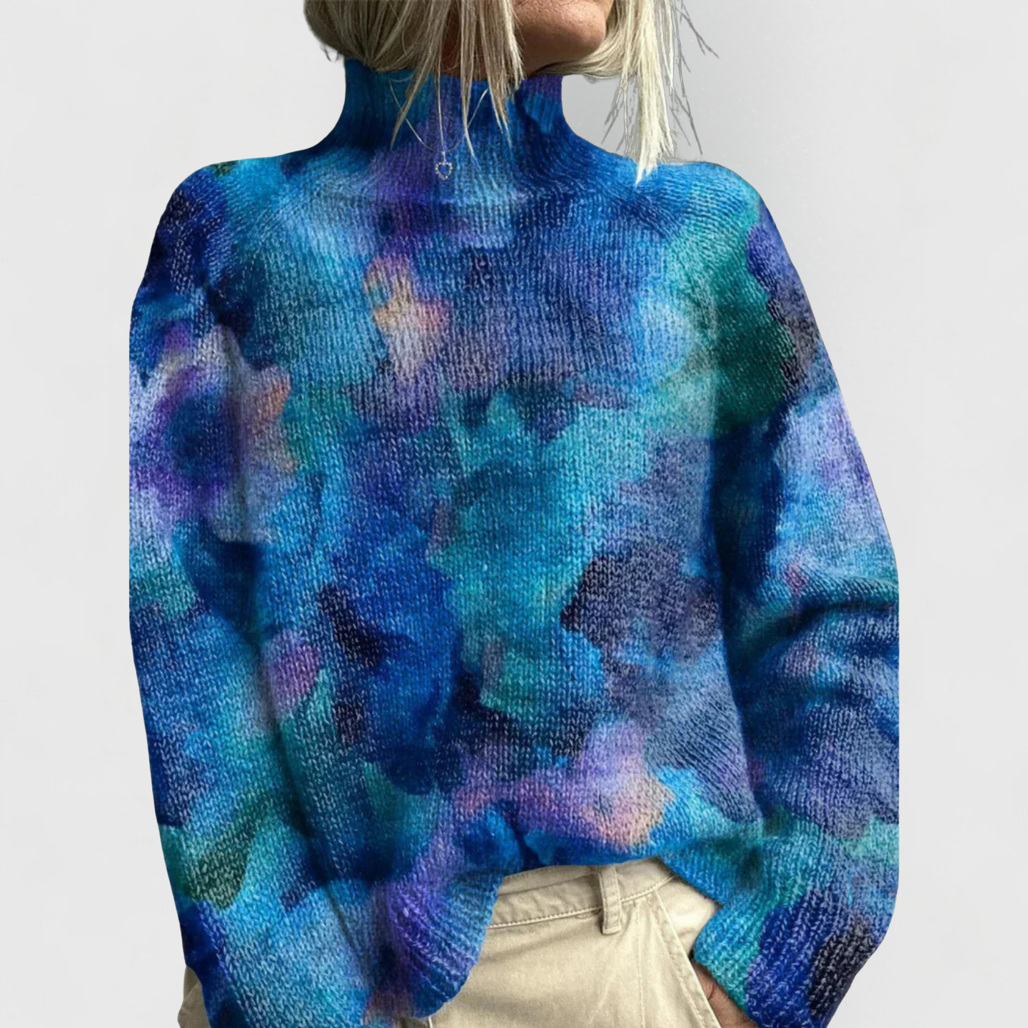 Women's vintage print turtleneck sweater in ocean blue