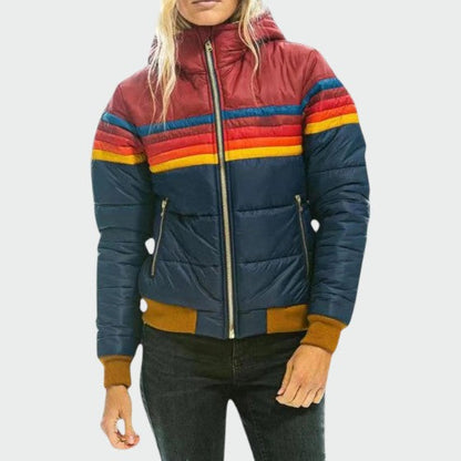 Women's vintage stripe hooded puffer jacket in navy blue
