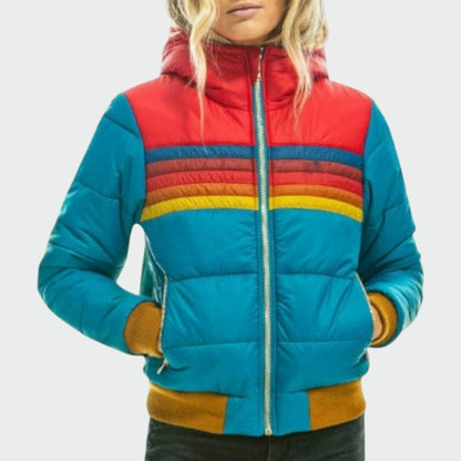 Women's vintage stripe hooded puffer jacket in retro blue