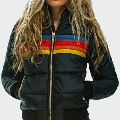 Women's vintage stripe hooded puffer jacket in retro blue