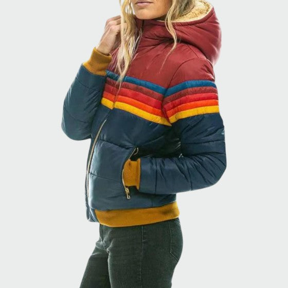 Women's vintage stripe hooded puffer jacket in retro blue