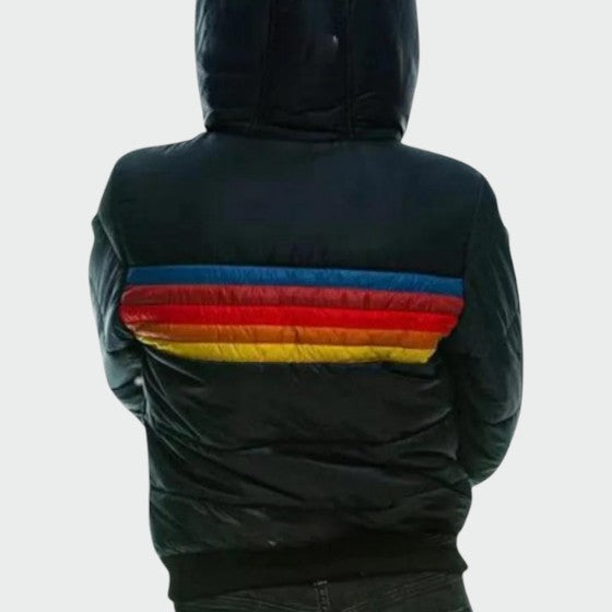 Women's vintage stripe hooded puffer jacket in retro blue