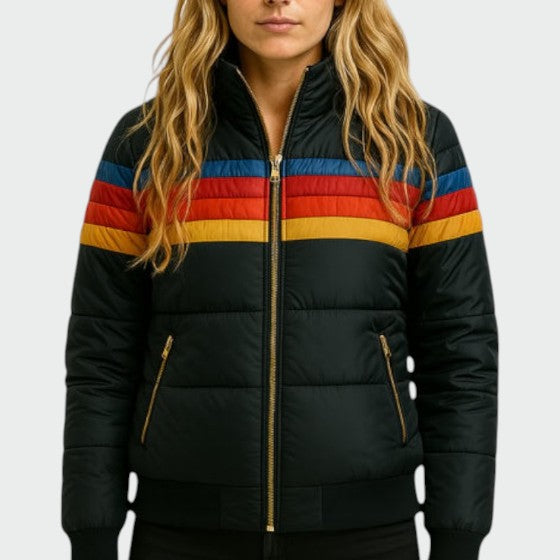 Women's vintage stripe hooded puffer jacket in black