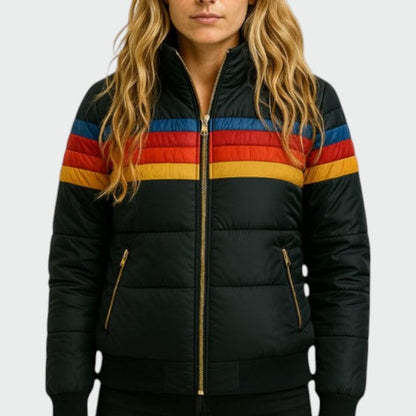 Women's vintage stripe hooded puffer jacket in black