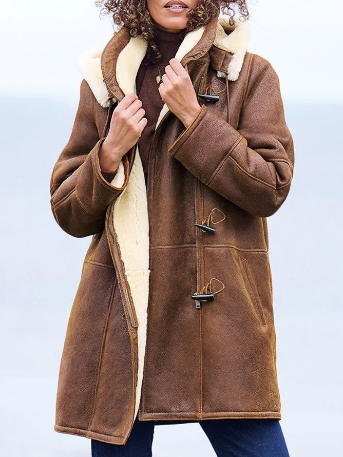 Women's vintage winter coat with hood in brown
