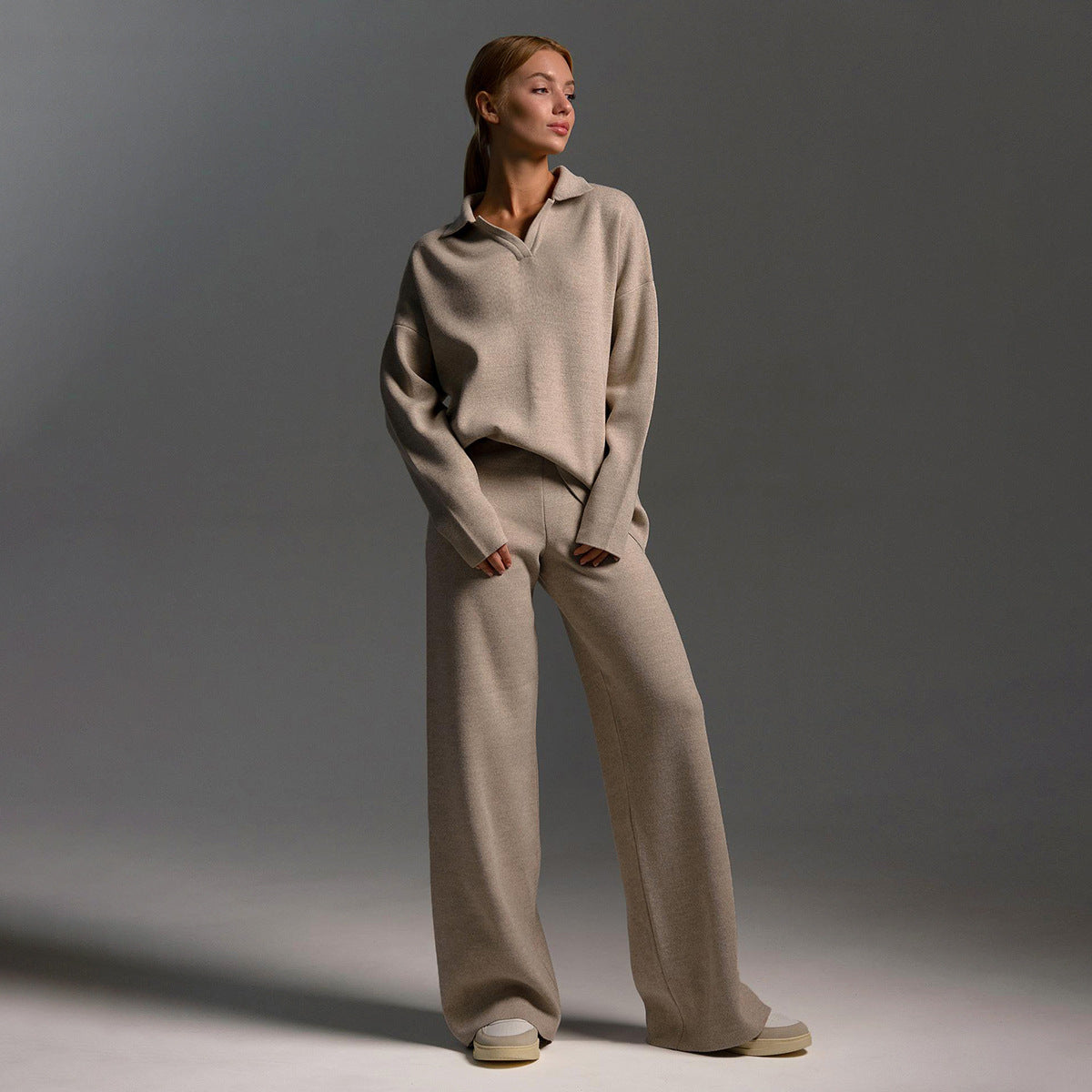 Women's taupe oversized polo shirt and wide-leg pants set