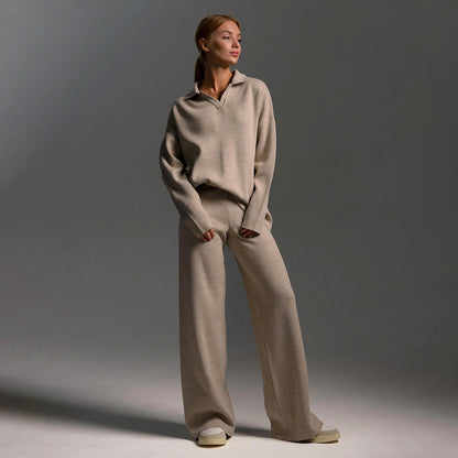 Women's taupe oversized polo shirt and wide-leg pants set